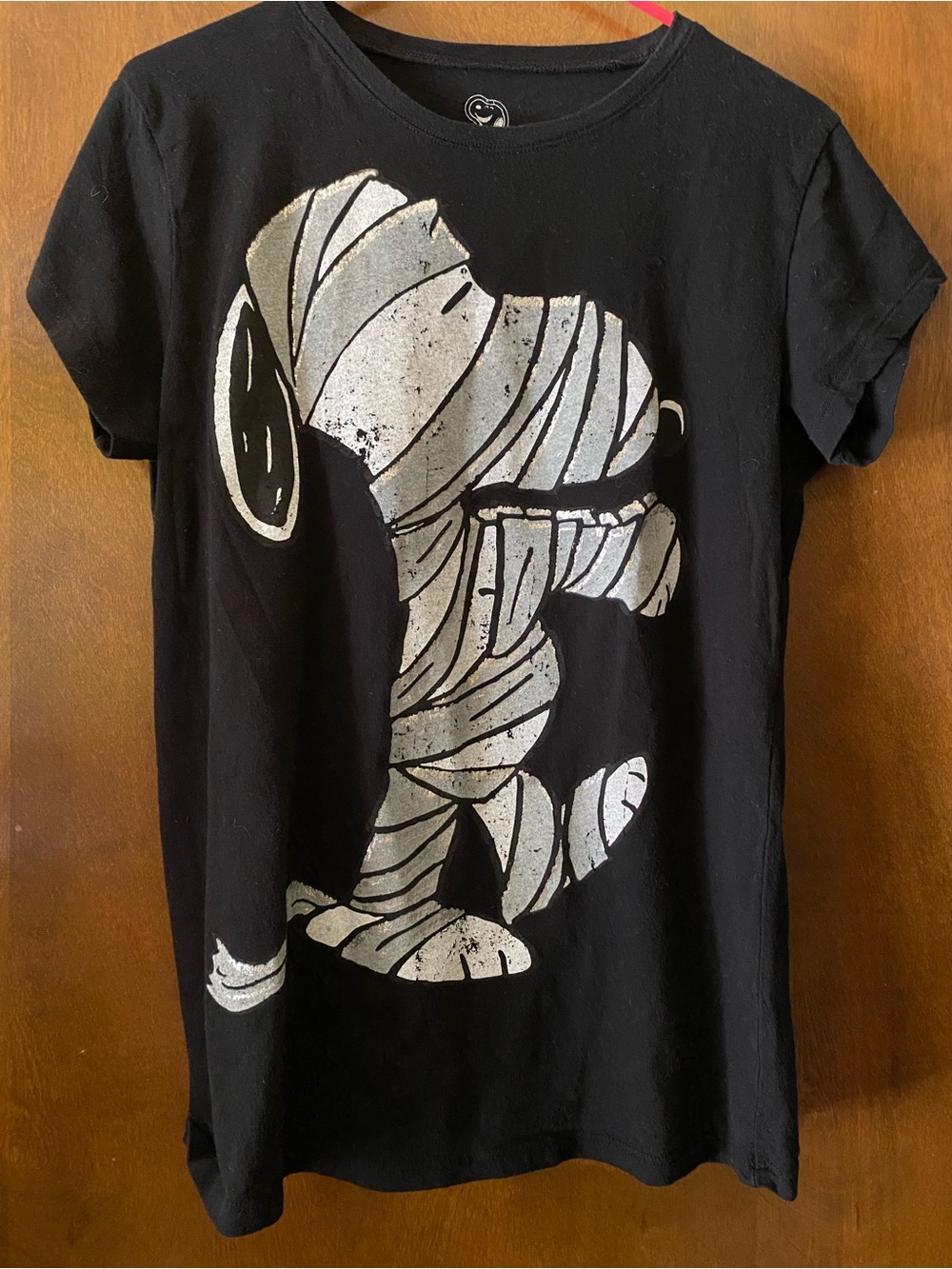Peanuts Black Tee with Distressed Silver Metallic Snoopy Mummy Graphic - Picture 4 of 7